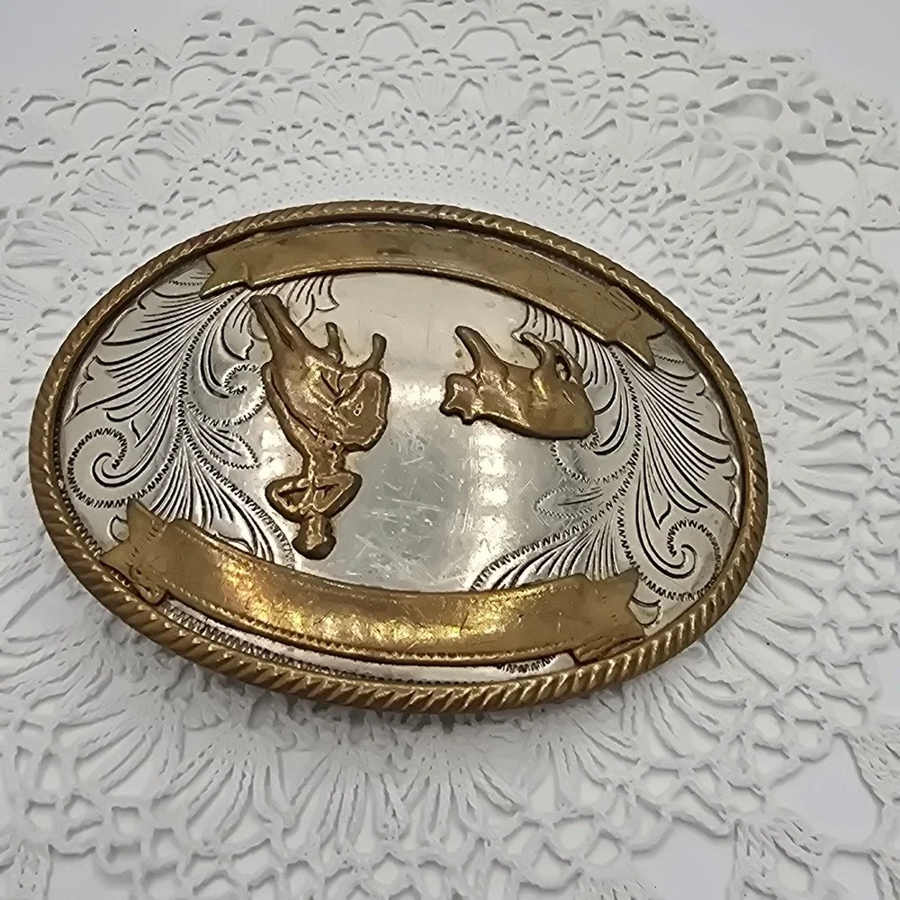 Vintage German Silver Belt Buckle Cowboy Horse Riding Western Scene